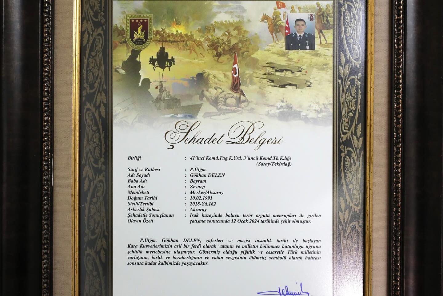 Aziz şehidimiz Piyade Üsteğmen Gökhan Delen İçin Şehadet Belgesi