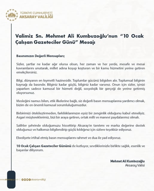 Valimiz Sn. Mehmet Ali Kumbuzoğlu’nun 10 Ocak Çalışan Gazeteciler Günü Mesajı